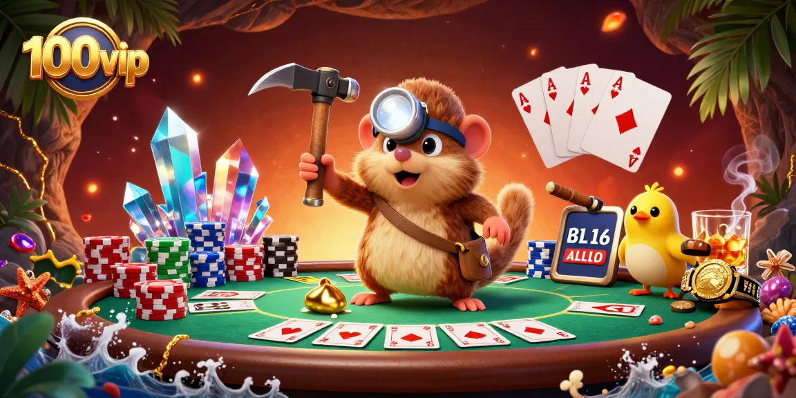 Win big at 100vip with a vibrant scene of a treasure hunter mole mining for gems and enjoying poker.