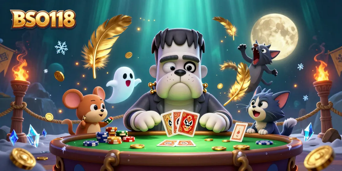 Experience thrilling gameplay at BSO118 with a cartoon bulldog monster dealing cards in a spooky casino scene.