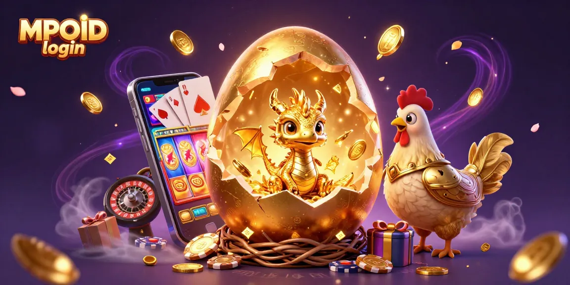 Experience MPOID login with a vibrant gaming scene featuring a golden baby dragon, poker chips, and dynamic slot elements.
