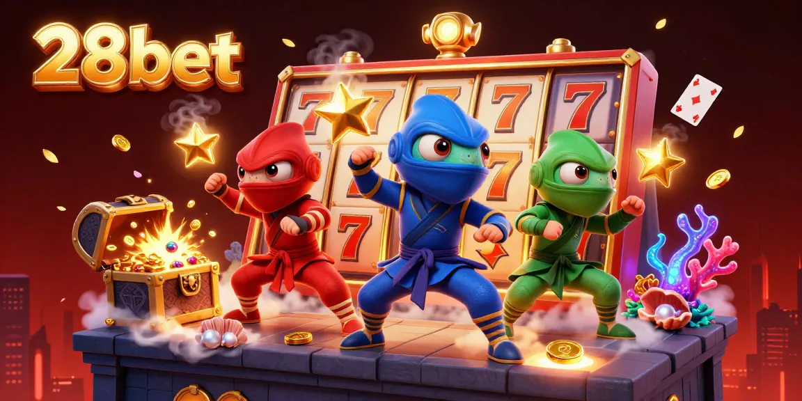 Experience thrilling action at 28bet with ninjas and slot reels surrounded by gold coins and gems.