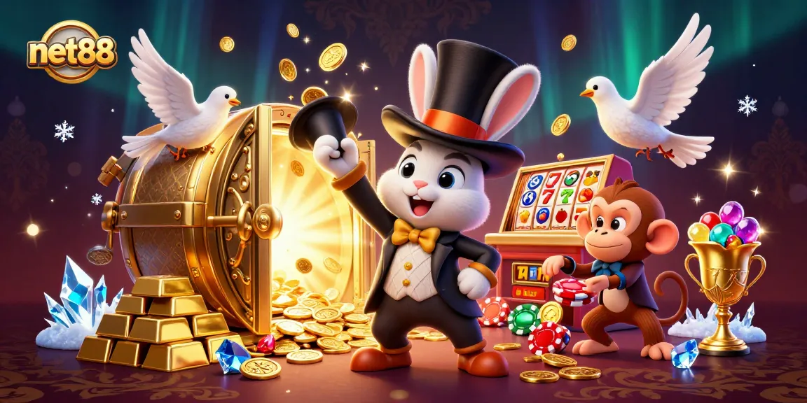 Experience the excitement of net88 with a 3D cartoon scene showcasing a magician rabbit, dove, and monkey in a casino setting.