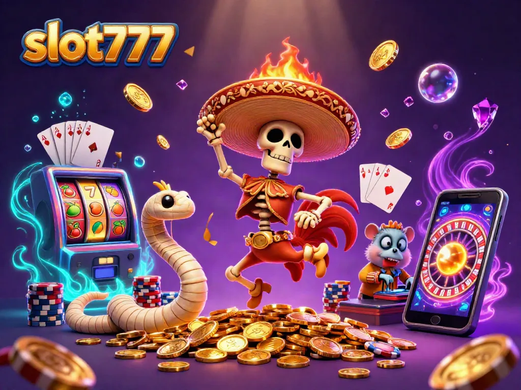 Menangkan jackpot slot777 di kasino dengan karakter animasi unik dan koin emas melimpah.