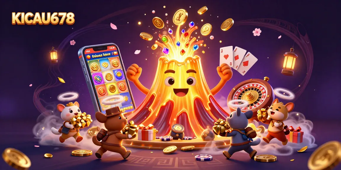 KICAU678's exhilarating casino scene features a golden volcano erupting with treasure, surrounded by gaming elements.