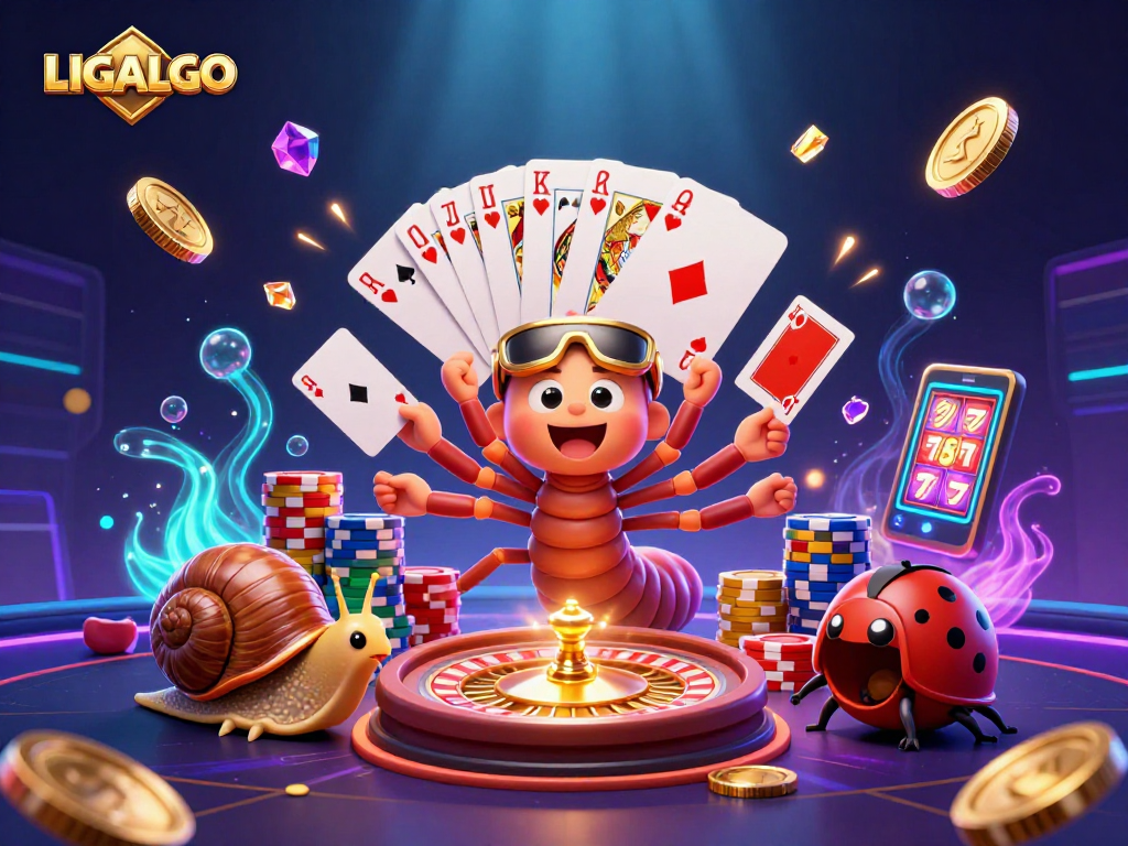 Engage with LIGALGO's 3D casino scene featuring vibrant characters, roulette effects, and dynamic game elements.