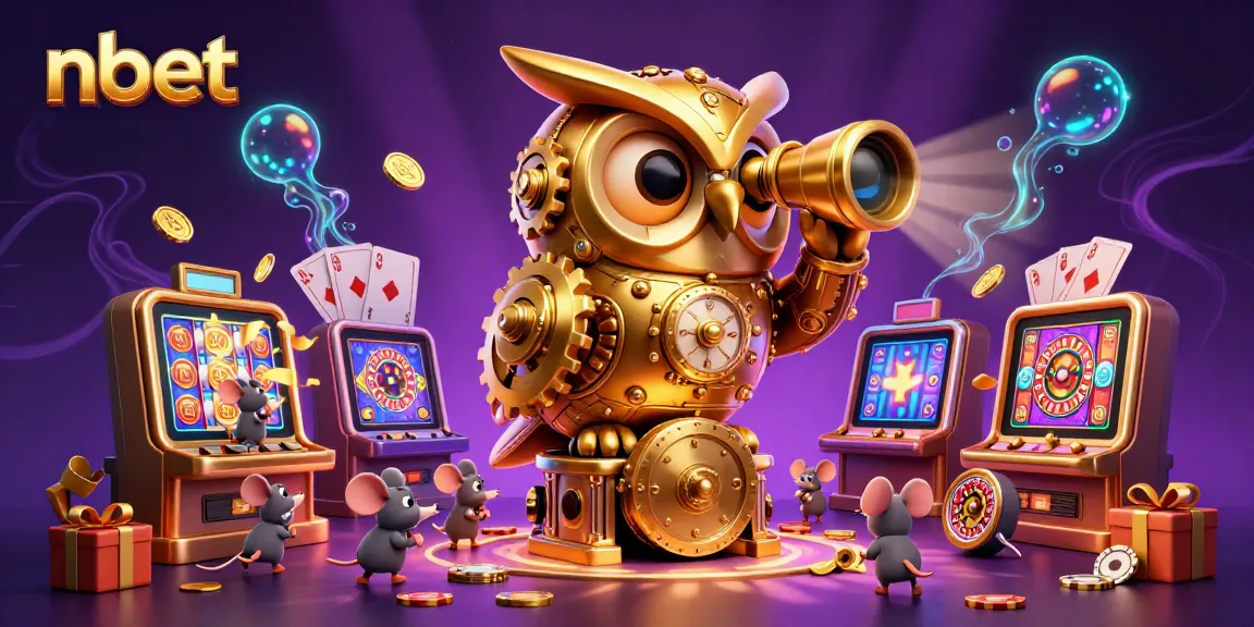 nbet showcases a vibrant casino scene featuring a golden owl and playful mice among slot machines.