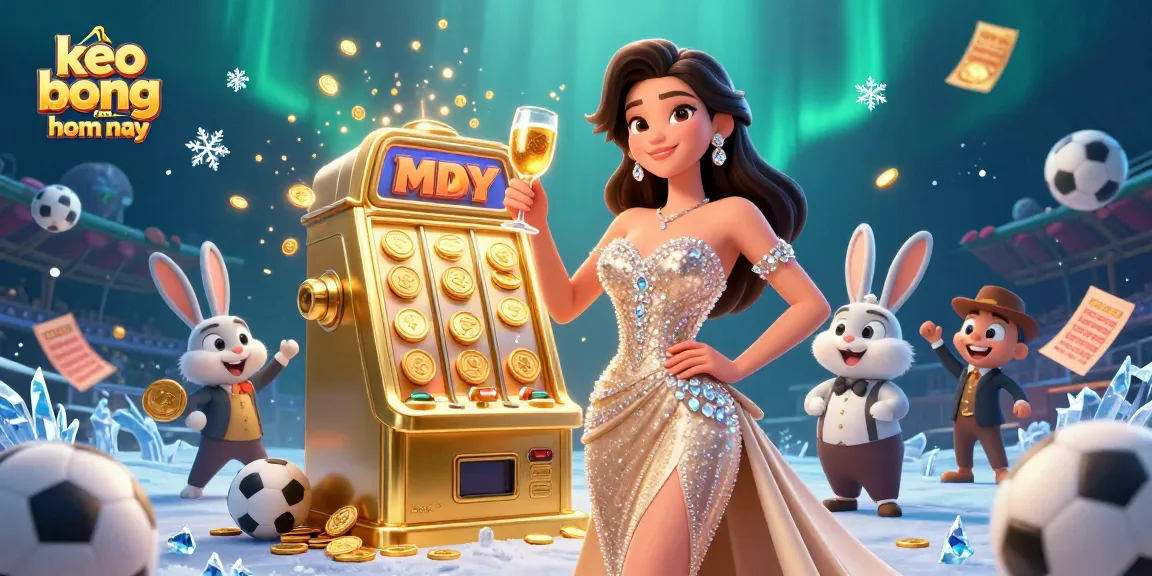 Bet on keo bong da hom nay with a glamorous woman celebrating beside a jackpot slot machine.