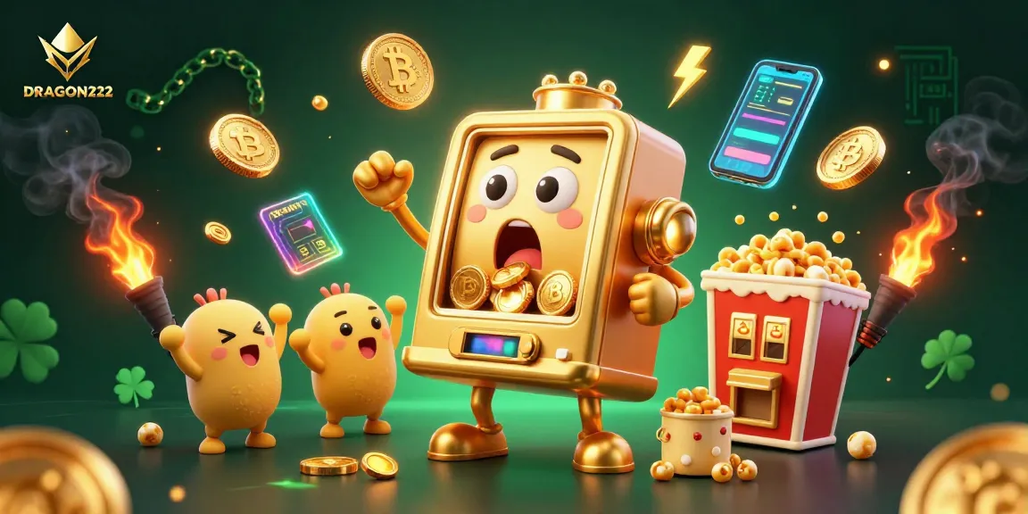 Experience thrilling moments with DRAGON222, a vibrant slot machine hitting a jackpot amidst golden coins.