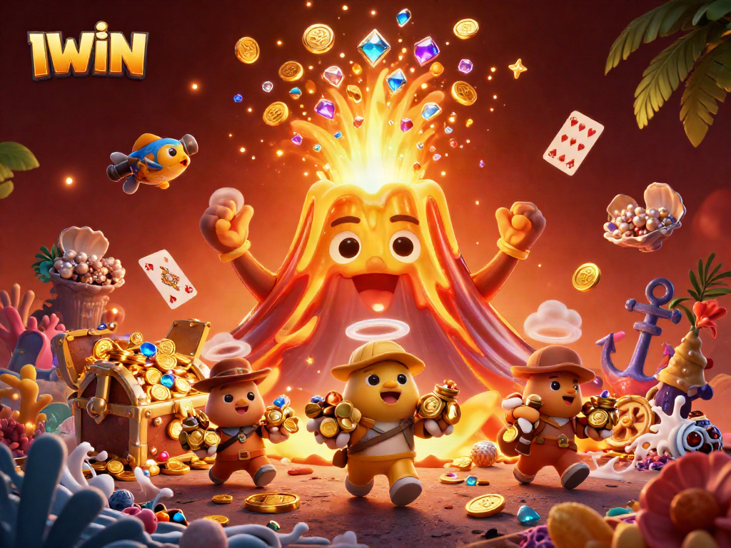 IWIN reveals thrilling casino adventures with a golden volcano erupting treasures in a vibrant gaming scene.