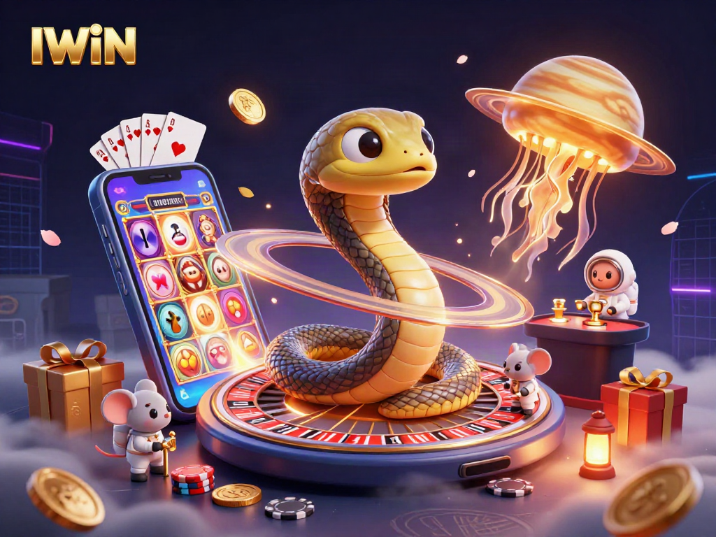 IWIN features a dynamic casino scene with a Saturn ring roulette and astronaut mice betting