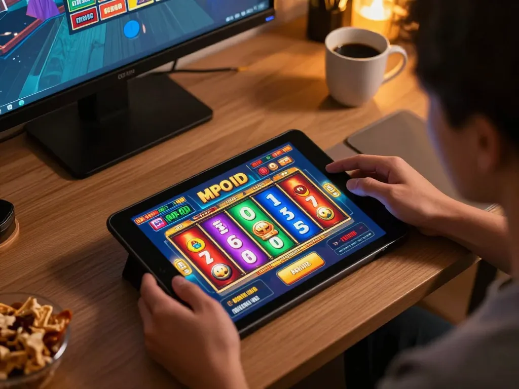 Engage in exciting MPO ID online slot gameplay with dynamic reels spinning on tablet.