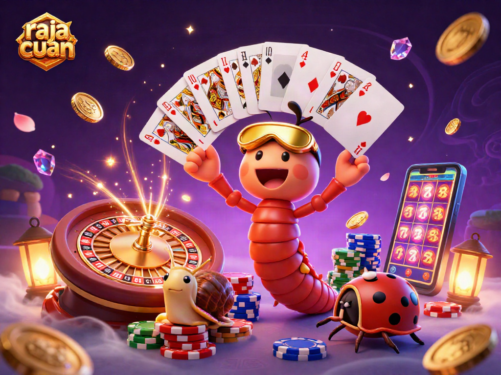 Play thrilling games at raja cuan with a 3D cartoon casino scene showcasing vibrant characters and exciting elements.