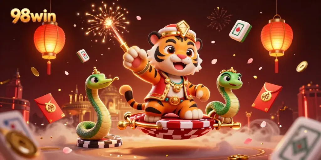 Experience the excitement of 98win with a vibrant scene of a tiger sultan and casino magic.
