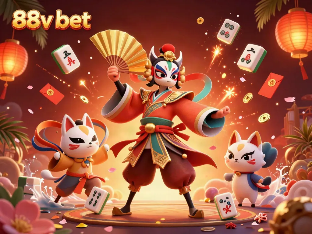 Experience thrilling moments with 88v bet in a vibrant 3D casino illustration featuring dynamic characters and festive elements.