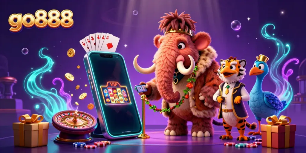 Experience the excitement of go888 as the woolly mammoth bouncer checks IDs for a saber-tooth guest at a lively casino scene.