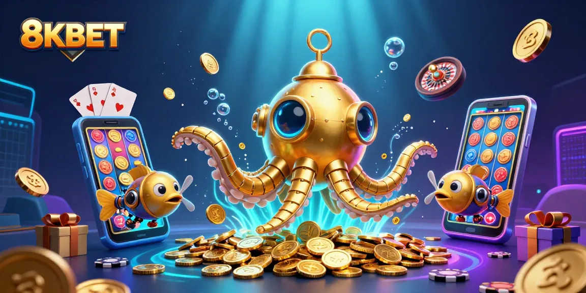 Experience the thrill of gaming with 8KBET's captivating underwater casino adventure featuring golden kraken.