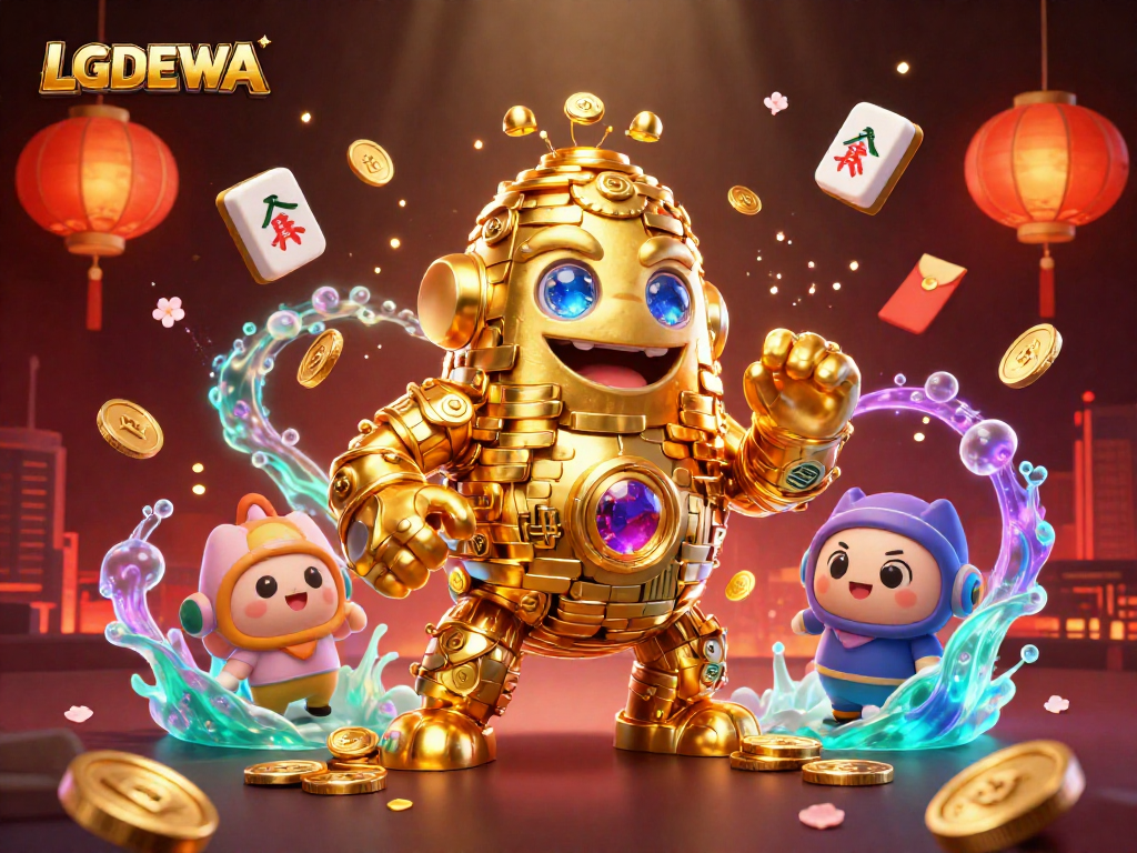 Engage with LGODEWA’s vibrant gaming scene featuring a golden golem and festive elements.