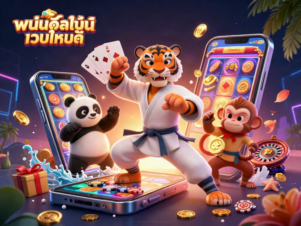 ภาพจำลอง 3D ที่มีตัวละครเสือมาสเตอร์ในท่าครารมชุดขาว และหมีแพนด้าที่เลียนแบบท่าหลัง, พร้อมกิ้งก่าแย่งเหรียญทอง, พร้อมคำว่า พนันออนไลน์ เว็บไหนดี