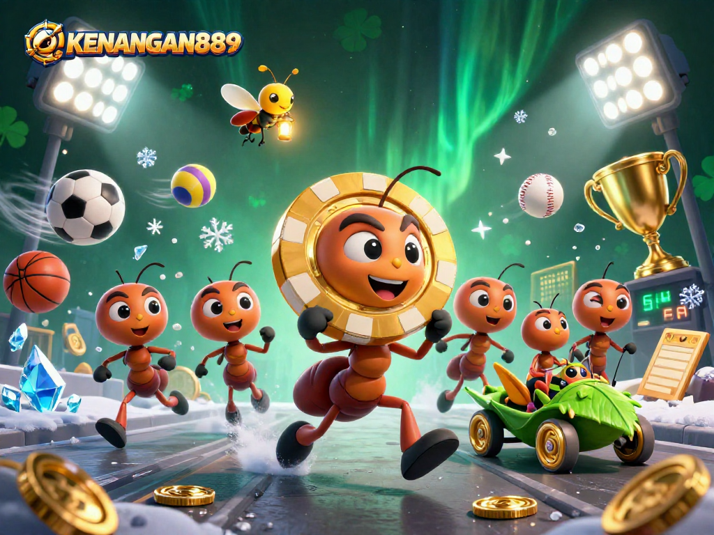 KENANGAN889 features a dynamic heist scene with ants, sports balls, and golden chips in a vibrant casino world.