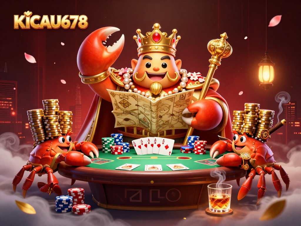 KICAU678 features a golden crab emperor leading a dynamic poker scene with vibrant gaming elements.