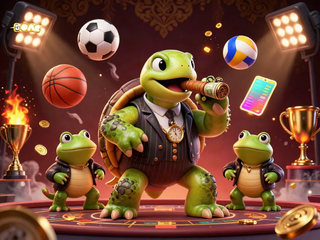 LGOACE showcases a vibrant casino scene with a snapping turtle mobster and bullfrog enforcers surrounded by sports elements.