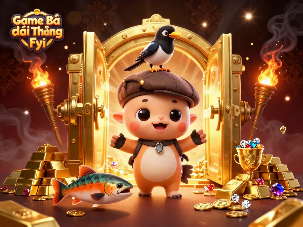 Game Bài Đổi Thưởng Fyi showcases a playful Nessie and friends surrounded by dynamic casino treasures.