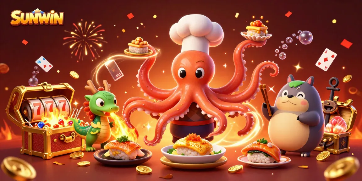SUNWIN slot reels burst with excitement as a dragon and sushi chef create golden dishes.