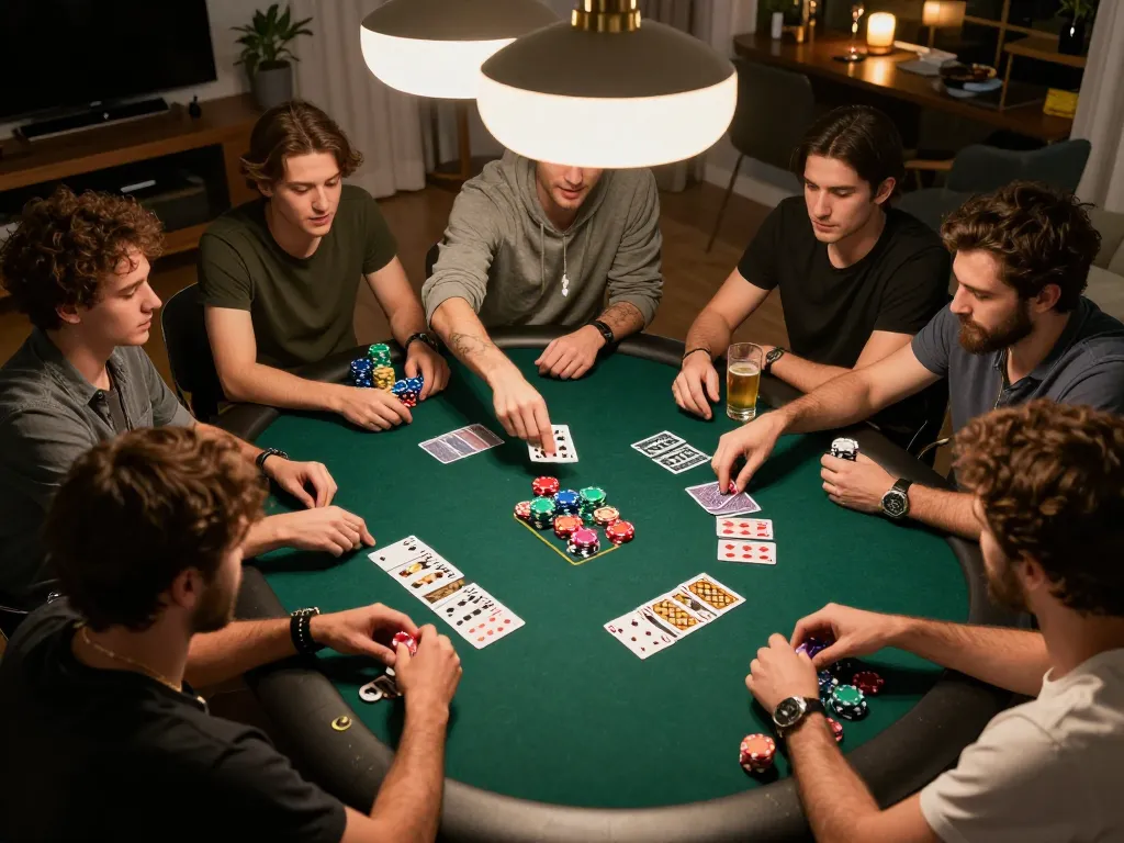 Players enjoy a heated poker game at home, strategizing with chips and cards, highlighting 8kbet8's interactive gaming experience.