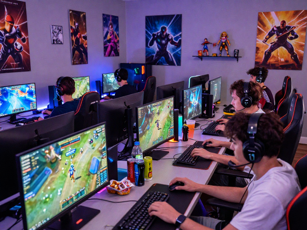Players immersed in dynamic oxbet gaming session with high-tech setups and vibrant graphics.