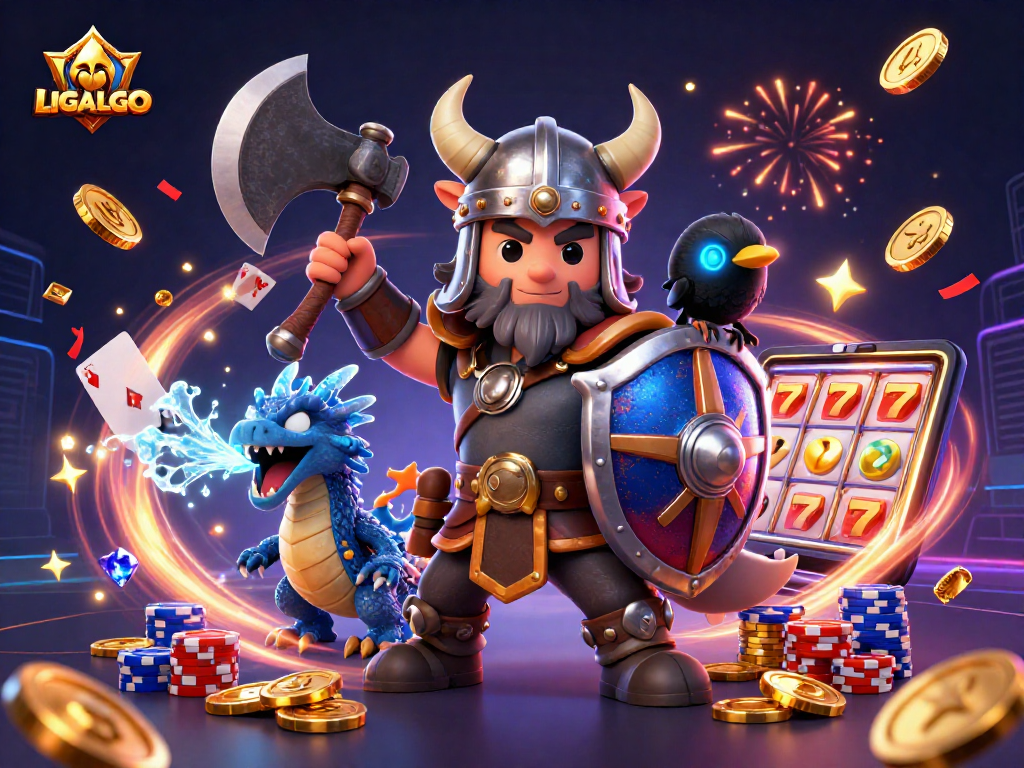 LIGALGO features Viking warrior and dragon celebrating a big win at the slots, surrounded by gems and coins.