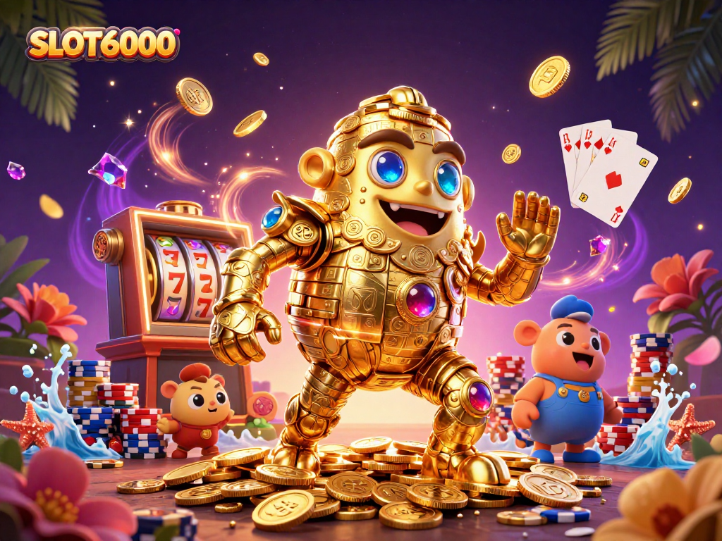 SLOT6000 offers thrilling gameplay with stunning golden golem amidst dynamic slot reels and casino elements.