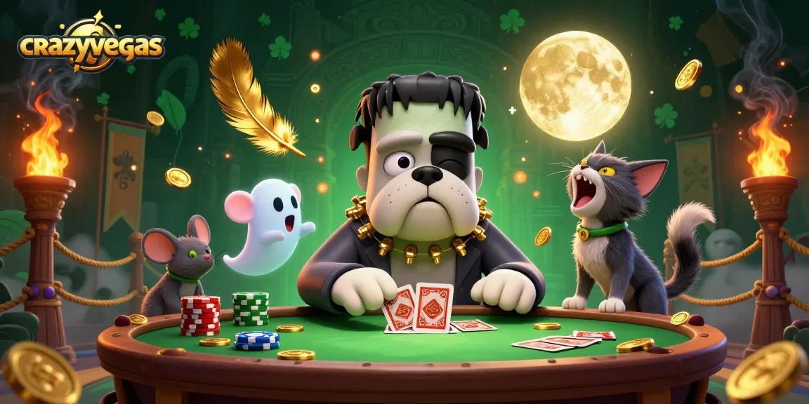 crazyvegas scene featuring a Frankenstein bulldog dealing cards amid swirling golden feathers and ghostly chips