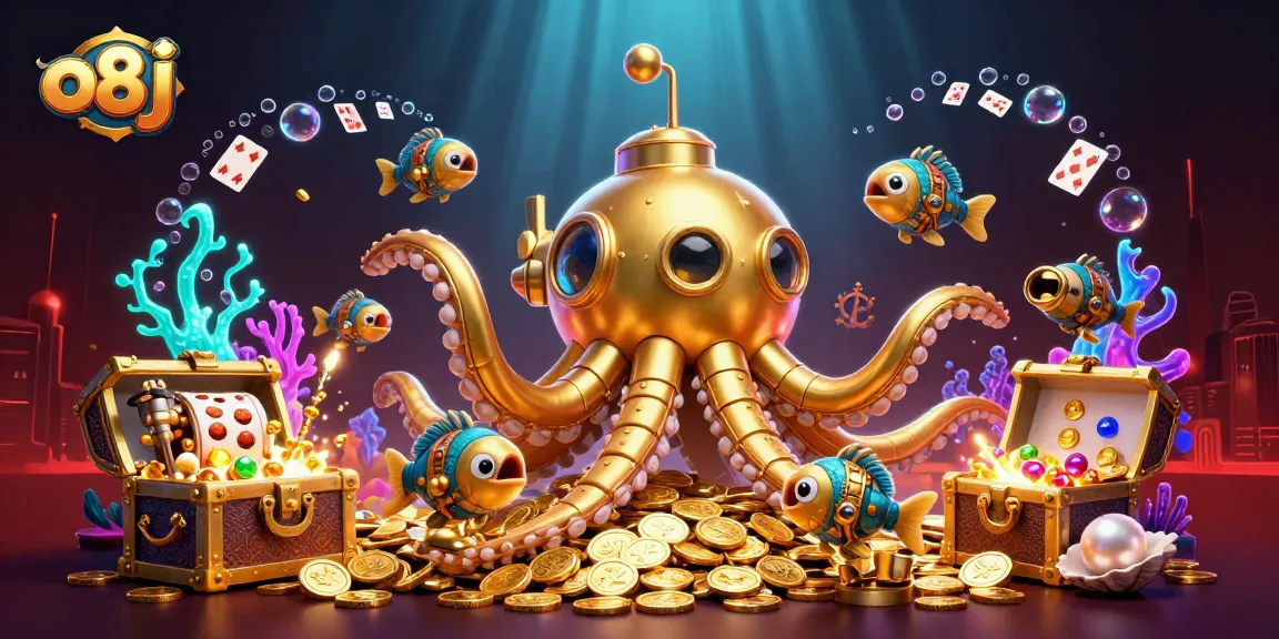 Capture "o8j" excitement with 3D kraken and casino elements in a vibrant underwater scene.