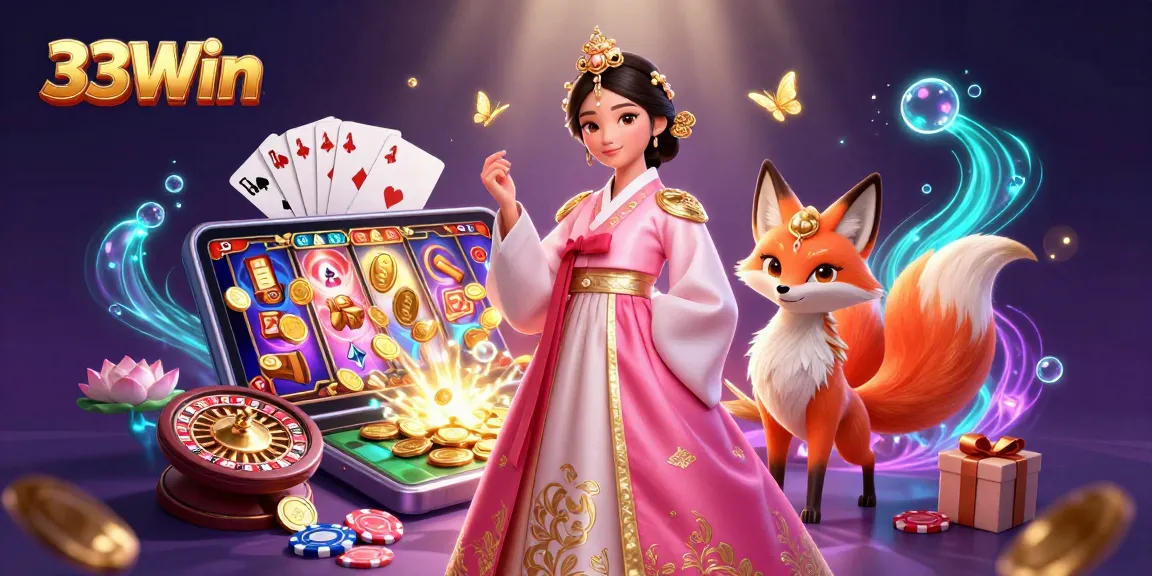 Experience excitement at 33Win with a vibrant casino scene featuring a lucky nine-tailed fox.