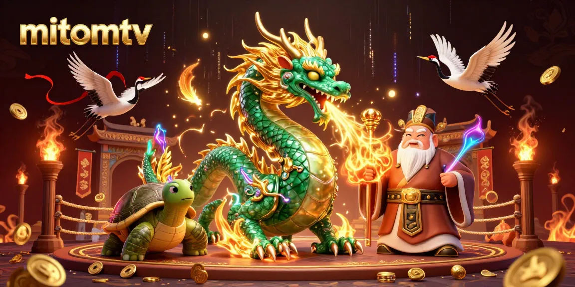 Mitomtv enhances gaming experience with a massive jade dragon and lucky elements.