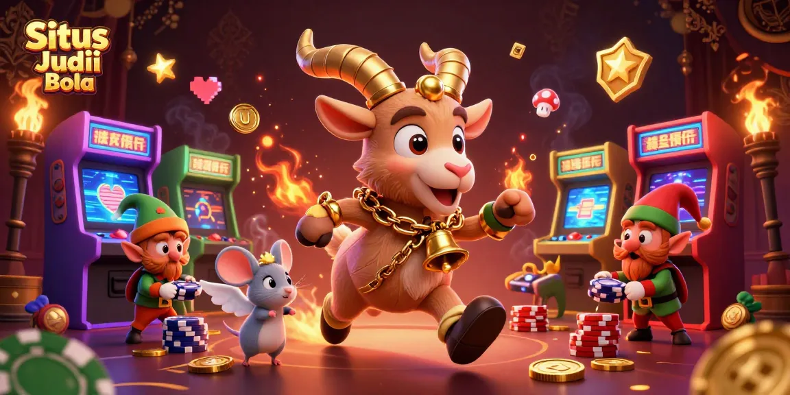 Situs Judi Bola vibrant scene showcasing a Krampus goat, angel mouse, and elf gremlins amidst dynamic casino gaming elements.