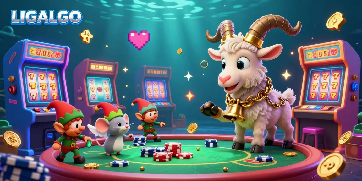 LIGALGO features a festive Krampus goat managing a chaotic casino scene filled with slots and gremlins.