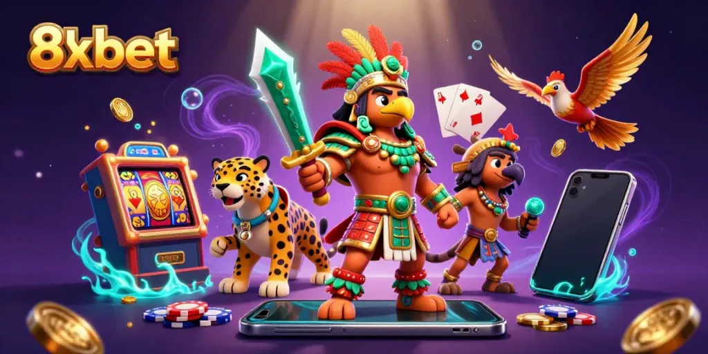 Engage with 8xbet using a vibrant Aztec warrior-themed 3D casino illustration