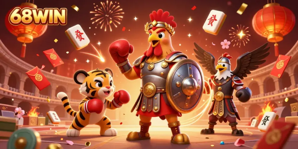 Engage with 68WIN through vibrant casino-themed art featuring a Roman gladiator rooster and a tiger cub.