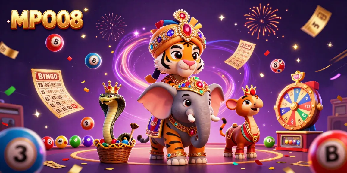 MPO08 brings excitement with a vibrant casino illustration of a tiger maharaja and an elephant amidst a thrilling game atmosphere.