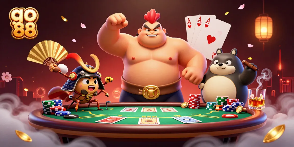 Engage with go 88 in a lively casino scene filled with poker elements and characters.