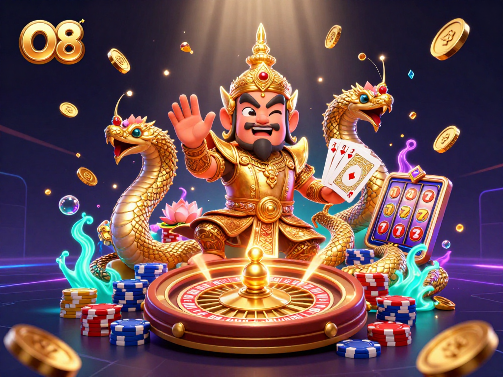 Win big at O8 with thrilling casino action featuring vibrant characters and dynamic game elements.