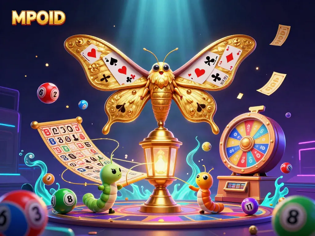MPOID illustrates a vibrant casino scene with a cartoony atlas moth and interactive gaming elements.