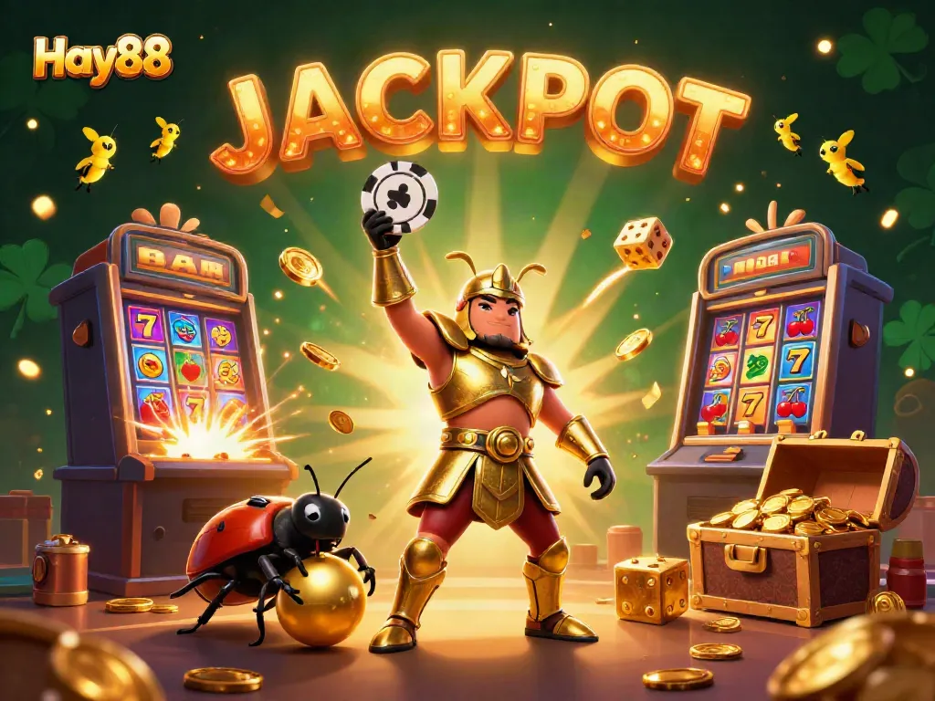 Experience the excitement of Hay88 with a vibrant jackpot scene showcasing a heroic beetle and golden gaming elements.
