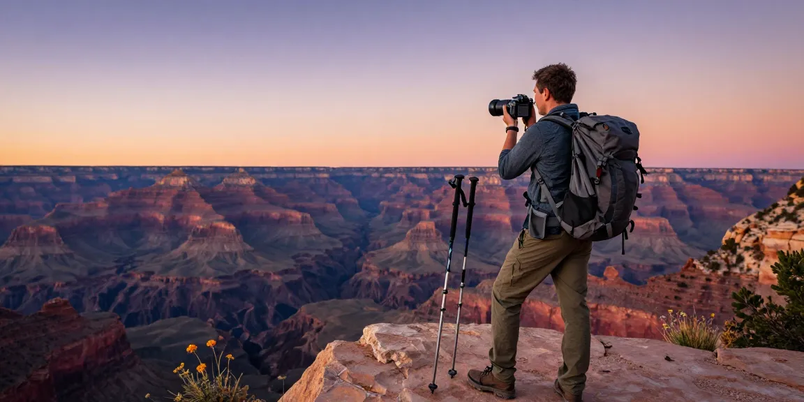 Stunning Las Vegas to Grand Canyon Road Trip viewpoint at sunset with traveler capturing the landscape.