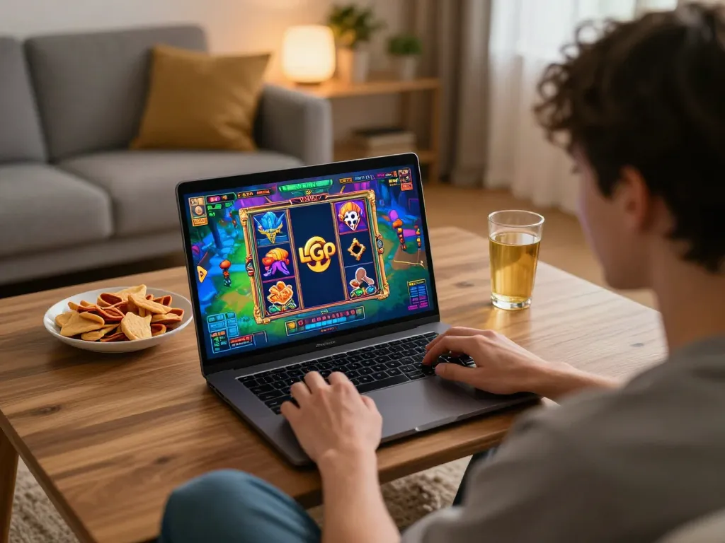 Engaging in LGO SUPER slots gameplay on a laptop in a cozy home setting with snacks and drinks