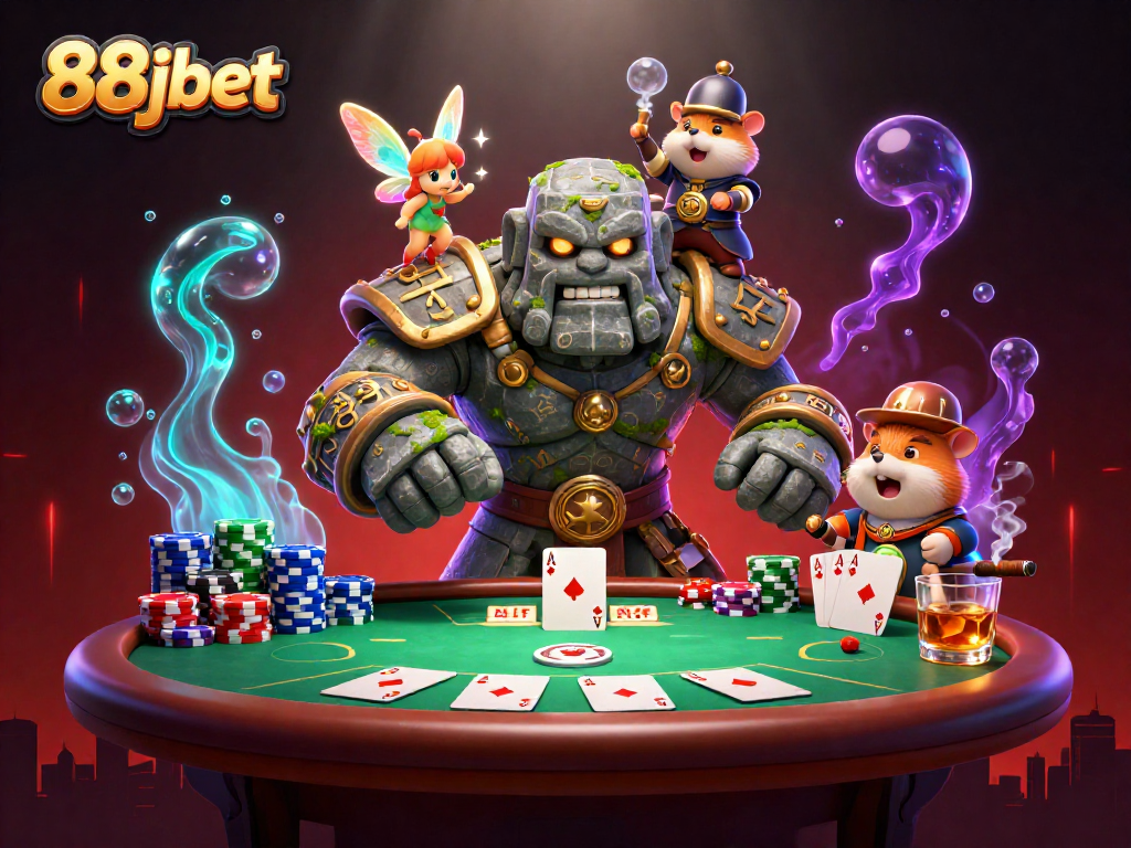 Experience thrilling poker action at 88jbet with a dynamic scene featuring golem guardians, fairies, and magical elements.