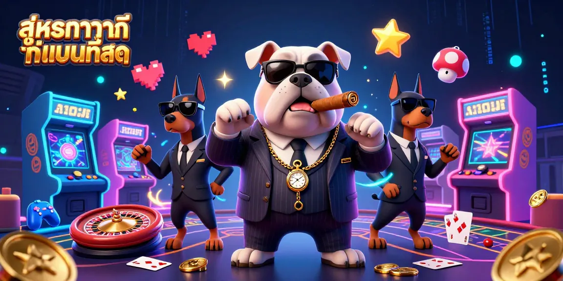 Experience สูตรบาคาร่าที่แม่นที่สุด with a dynamic illustration of a mafia boss bulldog and casino elements.