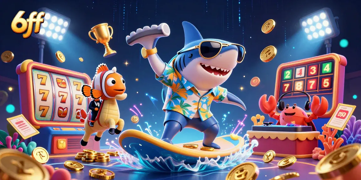 Surf the wave of gold coins with the 6ff shark and seahorse in this lively casino illustration.