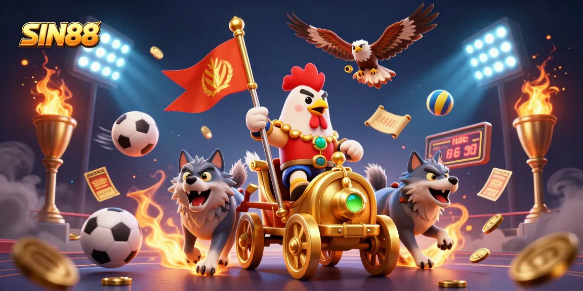 SIN88 transforms the gaming world, showcasing a rooster warlord and sports elements in a vibrant scene.