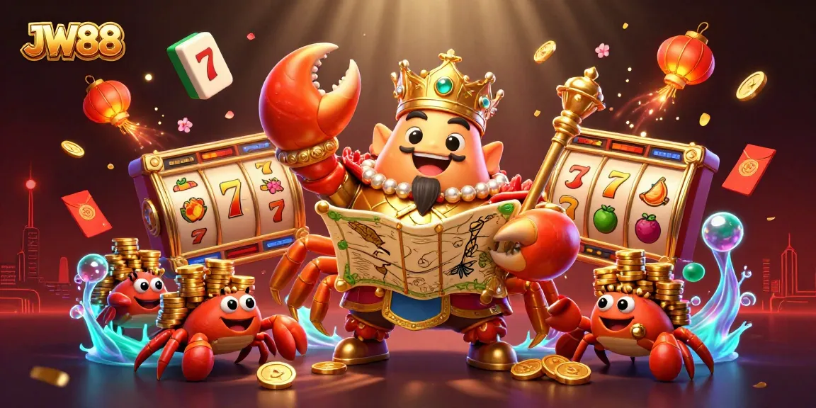 Experience JW88 with a vibrant golden crab emperor overseeing a jackpot celebration in this dynamic casino scene